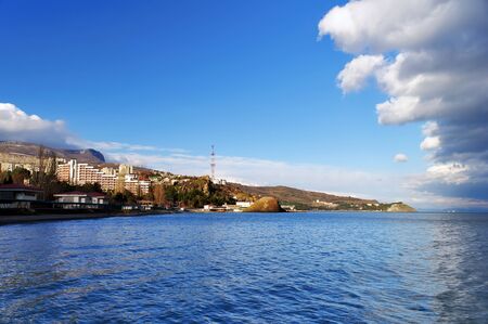 View from the sea to the town Partenit in Crimeaの写真素材