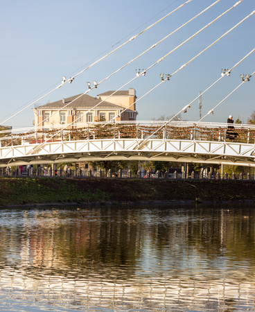 city skyline suspension bridge over the river in a big city,this is one of the city's attractionsの写真素材