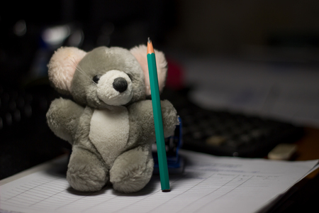 soft toys and stationery, grey toy with a pencil,very cuteの写真素材