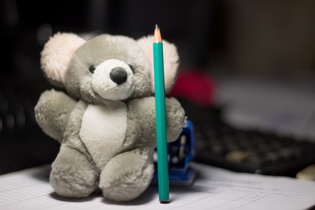 soft toys and stationery, grey toy with a pencil,very cuteの写真素材