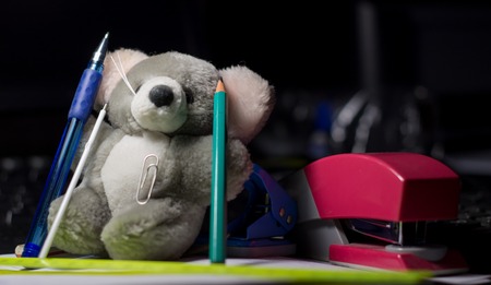 soft toys and stationery, grey toy with a pencil,very cuteの写真素材