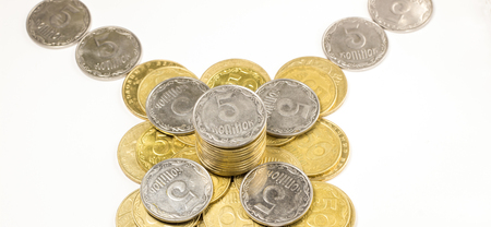 Ukrainian coins, made of metal, solids business conceptの写真素材