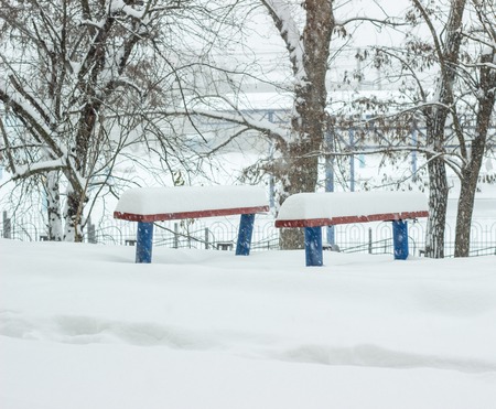 white snow covers everything around with the arrival of winter in the street is bright and beautifulの写真素材