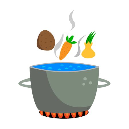 vegetables fall into a pot of boiling water standing on fire a concept of cooking and healthy eating on a white backgroundのイラスト素材
