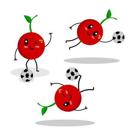 cherry set of cartoon characters playing football concept of sports fruit and vitaminsのイラスト素材