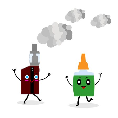 electronic cigarette vapor and liquid vial funny cartoon characters with cute smiles smoking conceptのイラスト素材