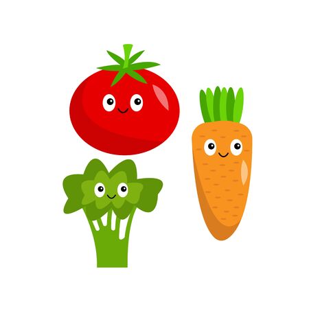 tomato broccoli and carrots healthy vegetables cartoon characters with cute smiles on a white background food conceptのイラスト素材