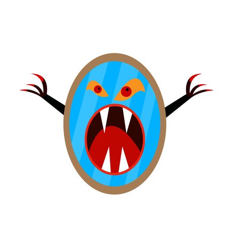 mirror monster with wide open mouth and sharp fangs evil eyes and claws concept fantastic and halloween object on a white backgroundのイラスト素材