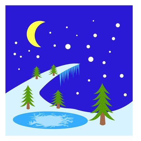 green trees grow by the lake covered with ice a bewitching winter night falling snow background for design pure and nobodyのイラスト素材
