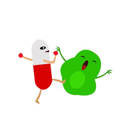 vitamin in the form of capsules kicks a green microbe concept of medicine and virus control objects on a white backgroundのイラスト素材