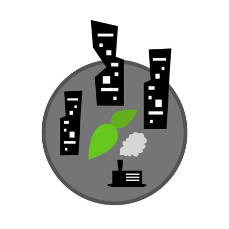 green sprout grows in the asphalt around tall houses and a plant that emits smoke into the atmosphere concept of ecology and environmental pollutionの写真素材