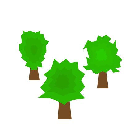 set of trees with green tops and different patterns of bright forest plants concept of nature and gardening objects on a white backgroundのイラスト素材