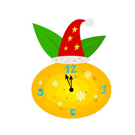 Christmas clock mandarin with Santa hat and patterns of snowflakes concept of winter holidays and Christmas object on a white backgroundのイラスト素材