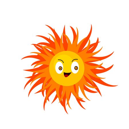 sun cartoon character with shiny orange eyes and beautiful rays patterns nature concept object on a white backgroundのイラスト素材