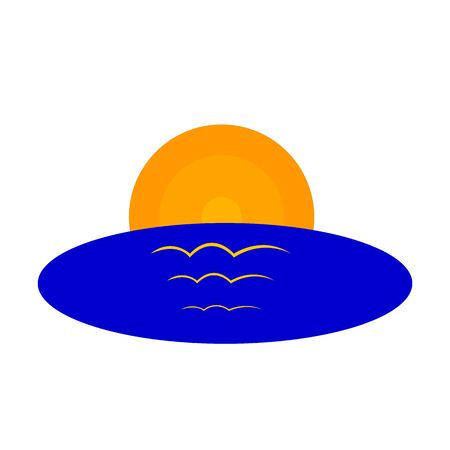 the sun sets over the horizon reflecting in the blue water of the lake wavy patterns golden lines concept of nature and environment object on a white backgroundのイラスト素材