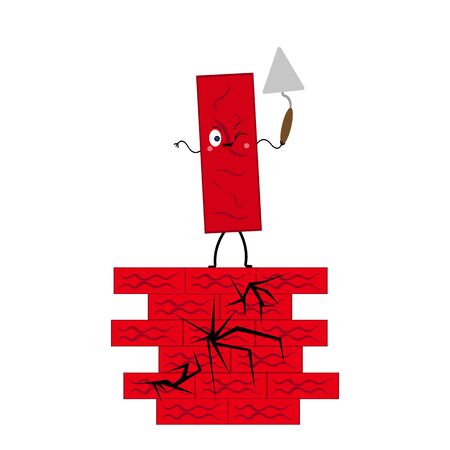 brick with a trowel is standing on a cracked wall. smiling and winking cartoon character. construction and repair concept character for designのイラスト素材