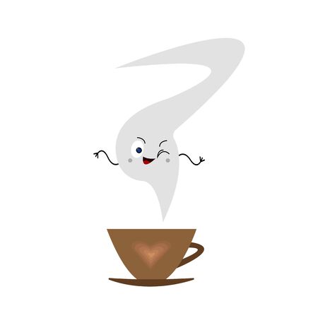 steam and cup of coffee with heart shaped pattern funny cartoon character objects on a white background hot drink conceptのイラスト素材