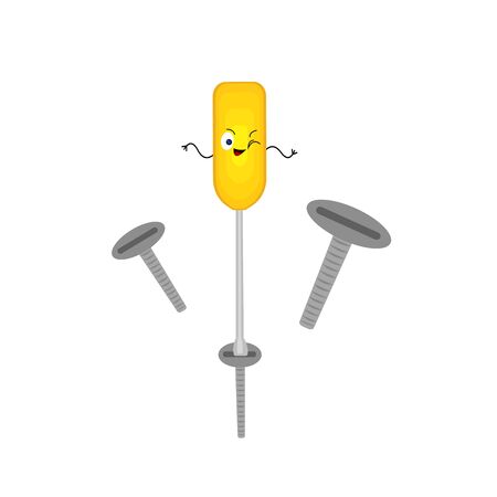 screwdriver and screws cartoon character tool winks and laughs on a white background industry conceptのイラスト素材