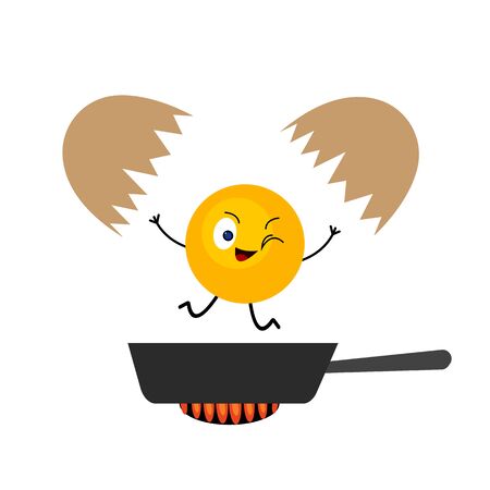 egg shell and yolk falling in the pan cartoon character winks and smiles concept of food and cooking object on a white backgroundのイラスト素材