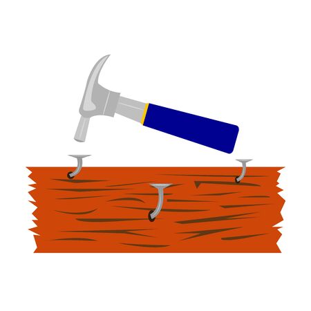 hammer and bent hammered nails in a wooden board concept industry and tool objects on a white backgroundのイラスト素材