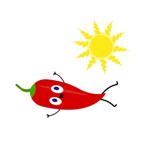 Red pepper cartoon character with a cute smile and blue sparkling eyes lies under the bright sun objects on a white background the concept of agriculture and natureのイラスト素材