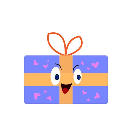 gift in blue packaging with patterns of pink hearts and an orange ribbon cute character with blue shining eyes and a smile object on a white background concept of holidays and Valentine's dayのイラスト素材