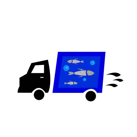 truck with a blue body on which fish and bubbles are drawn. Food delivery concept. Logo for designのイラスト素材