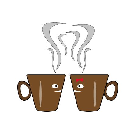 Two coffee cups boy and girl concept of popular hot drink logo for design objects on a white backgroundのイラスト素材