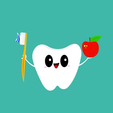 tooth cartoon character holding a brush with paste and a red ripe apple in his hand a concept of health care and hygieneのイラスト素材