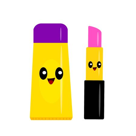 tube of cream and pink lipstick funny cartoon character smiling on a white background concept of cosmetics and beautyのイラスト素材