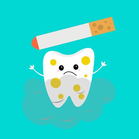 tooth cartoon character With a sad emotion covered with yellow stains from nicotine healthcare concept object on a blue backgroundのイラスト素材