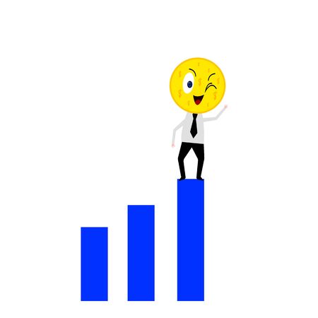 businessman on top of a growth graph with a head in the shape of a gold coin and dollar icons. concept of success and career object on a white backgroundのイラスト素材