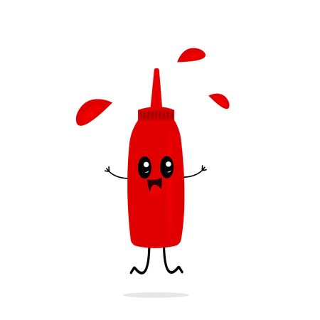 ketchup cartoon character jumping and laughing on a white background flying red drops food and seasoning conceptの写真素材