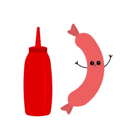 Ketchup and sausage cartoon character cute smiling on a white background concept of meat products and seasoning.の写真素材