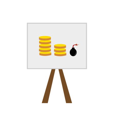 on a blackboard depicts a falling graph of gold coins and a bomb concept of financial crisis object on a white backgroundの写真素材