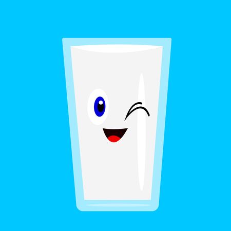 Glass of milk cartoon character winks and laughs on a blue background concept of dairy products and healthyの写真素材
