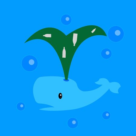 blue whale underwater it releases a dirty fountain with plastic bottles the concept of environmental pollution and the oceanの写真素材