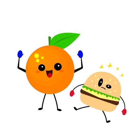 orange in boxing gloves raised his hands as a sign of his victory. Burger in a knockout concept of healthy eating and lifestyle.のイラスト素材