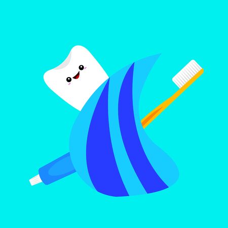 toothpaste brush tube and smiling White tooth on a blue background dentistry and hygiene conceptのイラスト素材