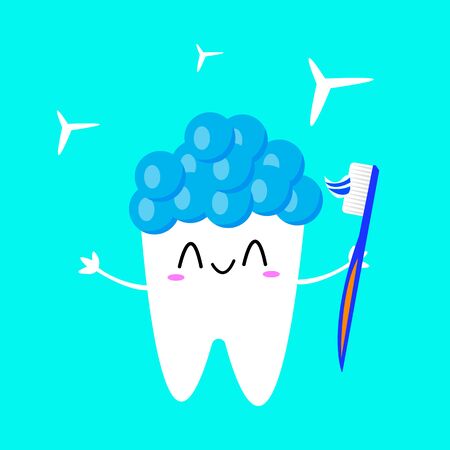 happy white tooth with a hairstyle of bubbles holds a brush in his hand and shines dentistry and hygiene object concept on blue backgroundのイラスト素材