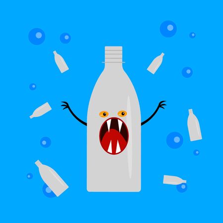 plastic bottle monster cartoon character with sharp fangs and claws underwater on a background of round bubbles concept of pollution of the oceanのイラスト素材