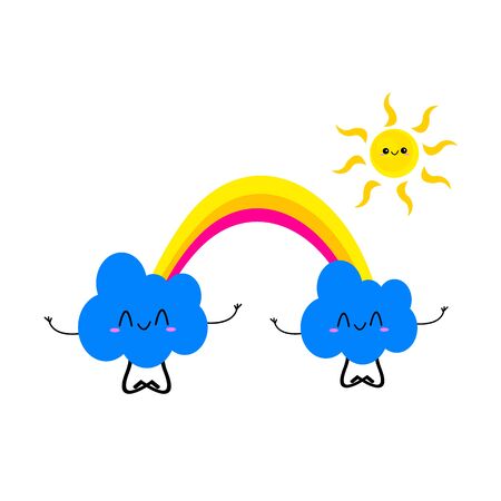 Clouds meditate in lotus position. Bright multi-colored rainbow and smiling sun. Weather and nature concept. Objects on a white background.のイラスト素材