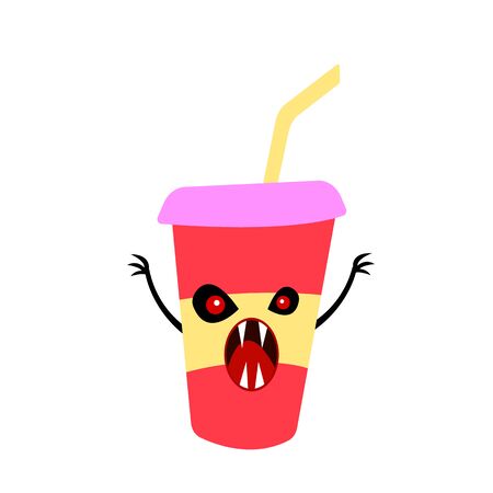 drink Monster container with straw cartoon character with sharp fangs and red eyes object on a white background concept of harm of fast foodのイラスト素材