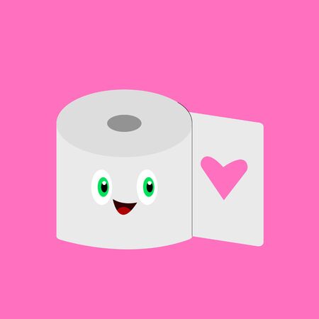 toilet paper roll cartoon character laughing on pink background bright green eyes heart shaped pattern toiletry and industry conceptのイラスト素材