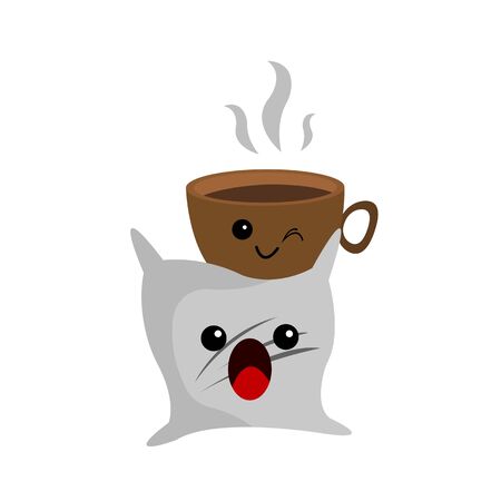 screaming pillow and winking cup of coffee. concept of a good morning and hot aromatic drink object on a white backgroundのイラスト素材