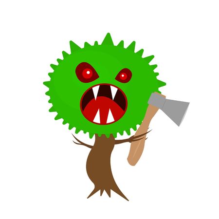 monster tree with an ax in hand holding a branch and sharp fangs concept forest plant object on a white backgroundのイラスト素材