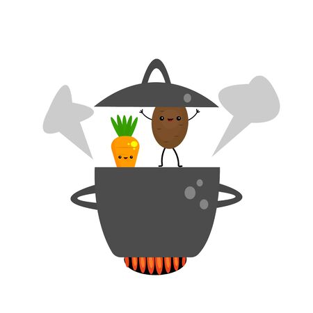 carrot and potato in a pan on fire cartoon characters with cute smiles boil healthy eating objects on a white backgroundのイラスト素材