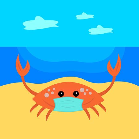 crab in a medical mask on the sand. Against the background of water and a blue sky with clouds, the concept of the virus and the beach season.のイラスト素材