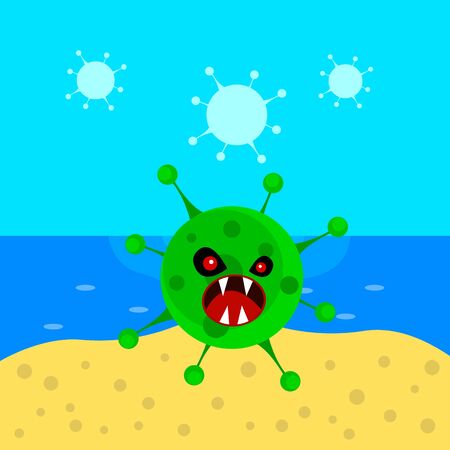 green monster with sharp fangs and red evil eyes on the seashore concept of vacations and quarantineのイラスト素材
