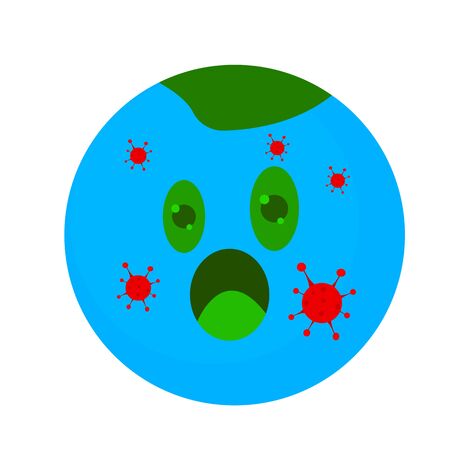 planet earth screaming in fear a cartoon character whose surface is covered with red pathogens concept of quarantine and virus object on a white backgroundのイラスト素材